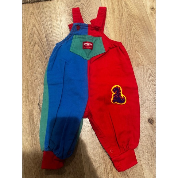 Vintage Oshkosh Colorblock Overalls Baby 6/9 Months Red Blue green Paper Tag 80s